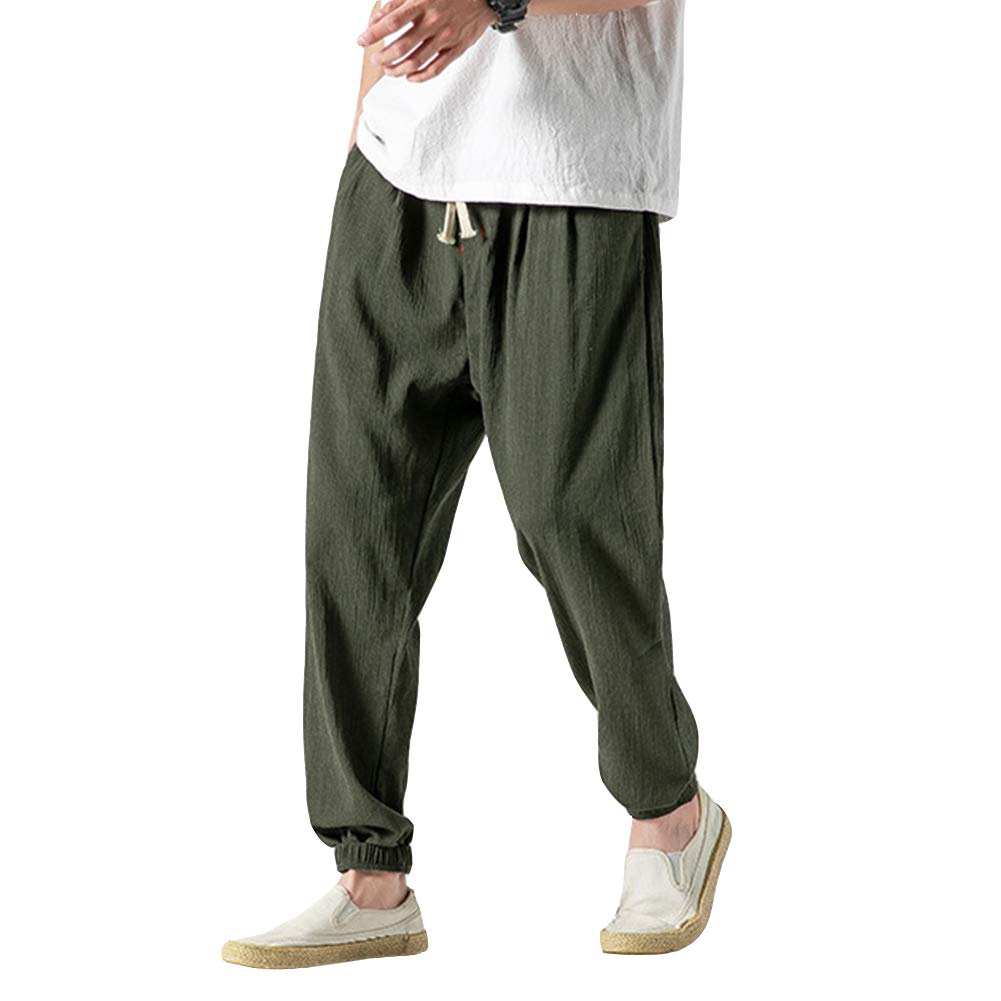 Vanvene - Pantaloni casual da uomo in lino e cotone, leggeri e larghi, da spiaggia, yoga, gamba ampia