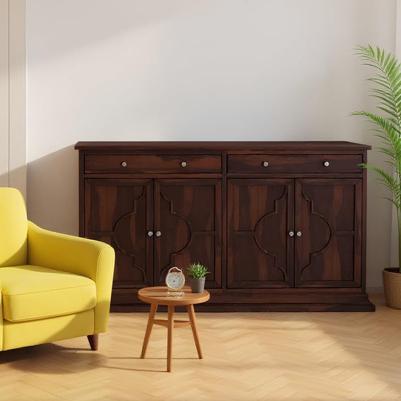 Image of SHIKHA WOOD CRAFT Solid Sheesham Wood Sideboard Cabinet with 4 Doors and 2 Drawers Storage | Wooden Kitchen Cabinet, Crockery Unit, Dining Room Organizer, Living Room Storage Furniture (Walnut Finish)