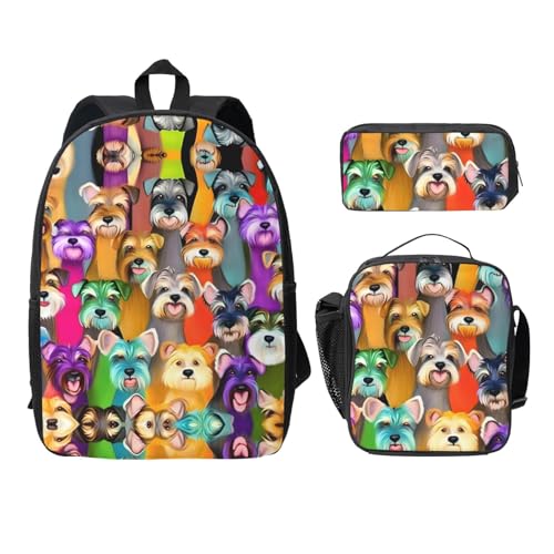 Sac à dos imprimé schnauzer kit 3 pièces avec boîte repas et trousse noire