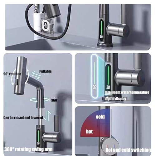 Robinet de cuisine intelligent argent avec douchette extractible cascade