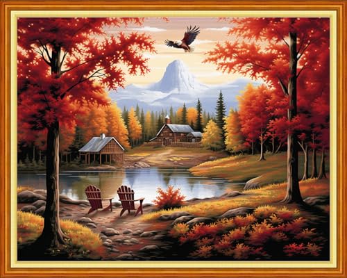 Image of Dooxvey Cross Stitch Kit for Adult Beginners - Full Range of Stamped Kits with 11CT Patterns - Autumn Harvest Scenery (16x20 inch)