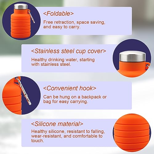 GLADFRESIT Collapsible Travel Water Bottle, 500ml Silicone Foldable Water Bottle with Carabiner - Image 3