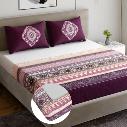 Image of Dreamscape 100% Cotton King Fitted Bedsheet with 2 Pillow Covers - (Size 72 x 78 inches, TC, Colour - Purple)