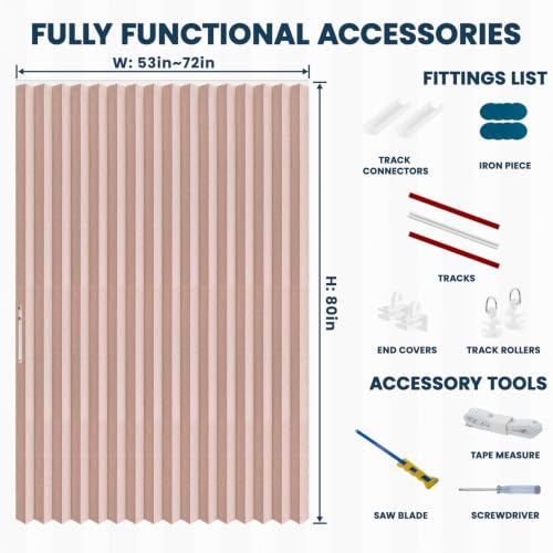 Image of AJAZZ 100% Blackout Accordion Door Invisible Folding Door Accordion Doors Interior Magnetic Door Curtain Front Door Curtains for Glass Window Sets Included Tracks (1 Pack, 72W x 80 L, Pink)