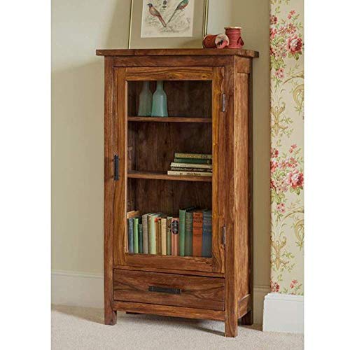 Image of DADDYFURNITURE? Solid Sheesham Wood Kitchen Cabinet Display Rack with 1 Drawer and 2 Shelf for Living Room | Solid Wood Bookcase for Home Furniture. (Walnut)