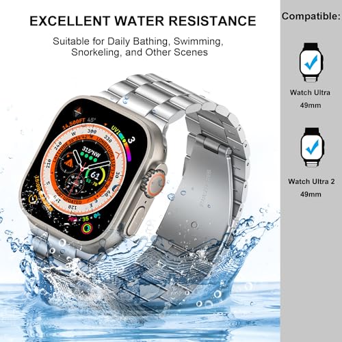 Image of HITZEE Compatible with Apple Watch Ultra Band 49mm Business Stainless Steel Metal Strap Men Women Link Bands Compatible for Apple Watch Ultra 3 /2 /1, 49mm Silver