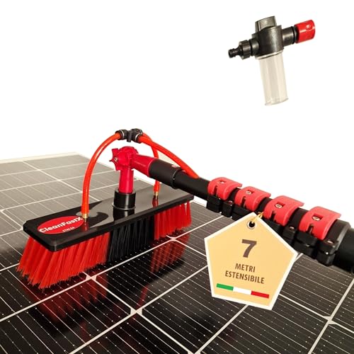 CleanFastX ITALIA | Kit Pulizia Pannelli Fotovoltaici | Estensibile 7 Metri | Spazzola per Lavaggio Tapparelle Vetrate Camper Barca Pannelli Solari | Idrospazzola con Dispenser di Sapone Integrato