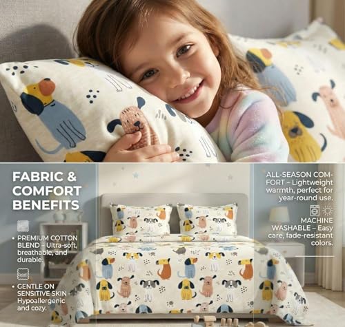 Image of RD FABS Glace Cotton Wrinkle Free Soft Hypoallergenic Double Bed King Size Bedsheet with 2 Pillow Covers, Cartoon Printed Dog Design for Kids Room Boys Girls, 90x95 Inches, Beige, 144 TC
