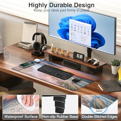 Image of Wireless Charging Mouse Pad, 31.5 inchx15.8 inch in, Beach Sunset | Anti-Fray Stitched Edges, Waterproof Premium Textured Surface, Non-Slip Rubber Base, with 20W PD Adapter