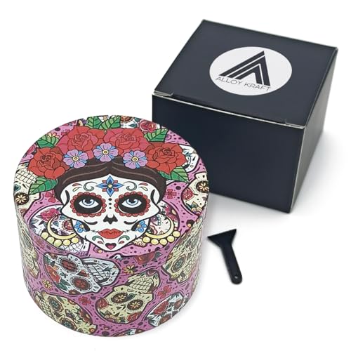 Grinder metal XL 63mm ALLOY KRAFT | Cuchillas Ultra Afiladas con Impresión Premium 360º | Grinder Rosa 4 piezas rascador de polen para especias y hierbas | Dibujos calavera mexicana (calavera 3)