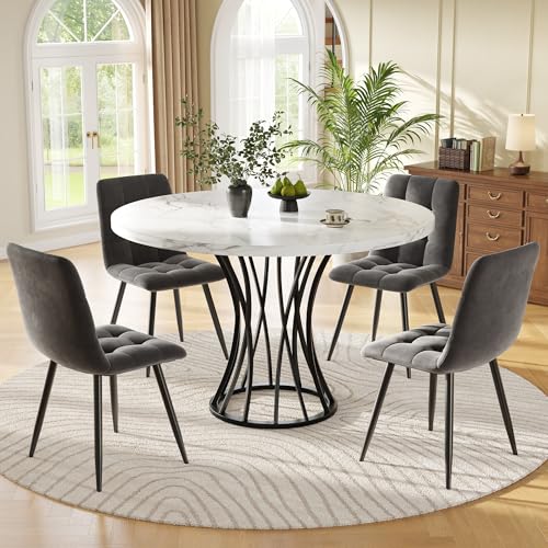 CelticHearth Ensemble de salle à manger 5 pièces avec 4 chaises, table de cuisine ronde de 80 cm de diamètre, plateau blanc marbré, pieds en métal noir,...