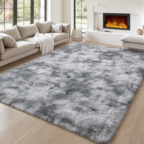 BENRON Fluffy Tie-dye Grey Rugs for Living Room Bedroom 4x6,