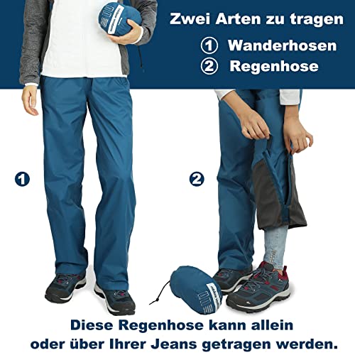 Outdoor Ventures Damen Regenhose Wasserdicht Atmungsaktiv Gefüttert Überziehhose - Winddicht Packbar Hose Leichte Softshellhose zum Wandern Fahrrad Navy Blau 42