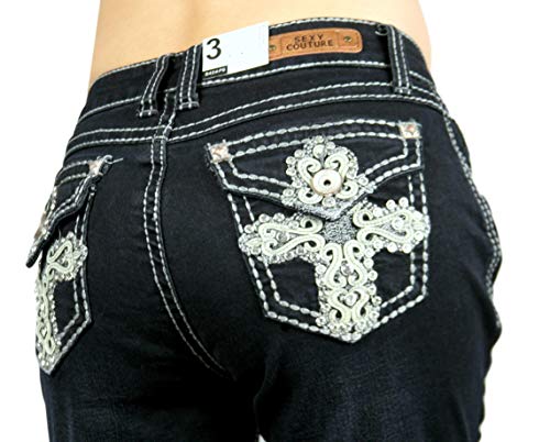 Women's S475-PB Cross Rhinestone Mid Rise Boot Cut Dark Wash Denim Jeans 3-172