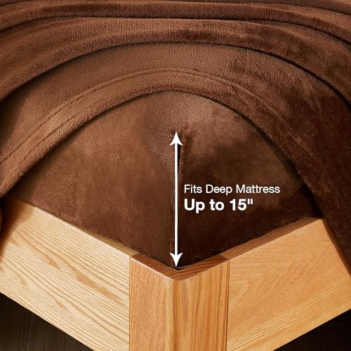 Image of Viviland Microfleece Full Bed Sheet Set, Brown | Soft Flannel-like Fleece, 100% Polyester, Fluffy Velvety Feel, 200GSM, 15 inch Deep Pocket, Warm Winter Gift & Decor