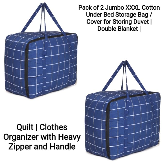 Image of HOUSE FOX (2pc) Jumbo XXXL Cotton 142 Litre Underbed Storage Bag for Double Blanket | Quilt | Clothes | Traveling Storage Bag with Heavy Zipper & Strong Handle MultiPurpose 70x60x34 Cm Navy Blue