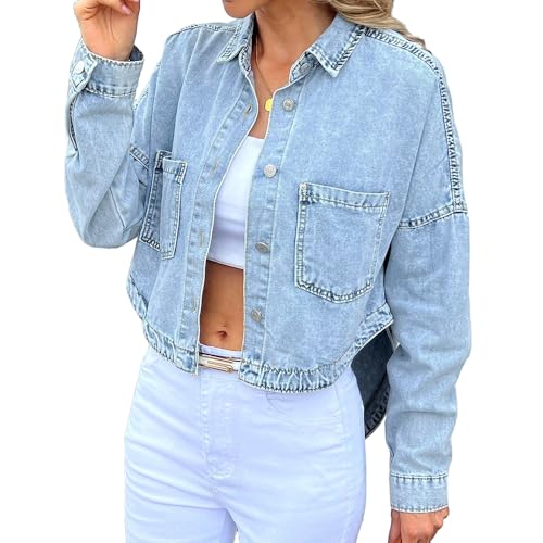 Molilove Women's Denim Jacket Long Sleeve Button Down Oversized Jacket Y2K Casual Soft Jean Jacket Streetwear