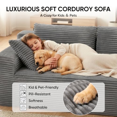 Image of Boneless Couch, 102.4 inch Sectional Couches for Living Room with L Shape Sofa | Cloud Couch Sectional with Chaise, Modular Cloud Sofa with Deep Seat, No Assembly, Beige, Corduroy, Right Chaise