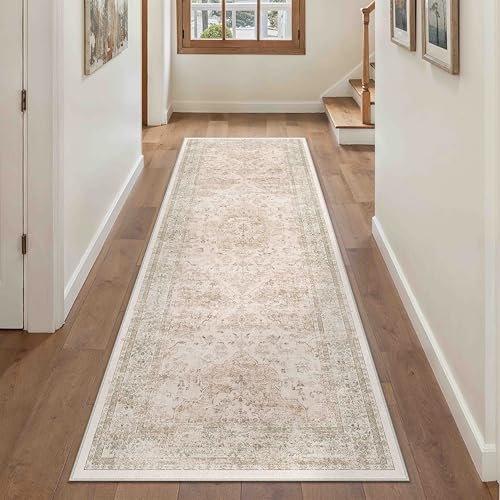Hallway Runner Rug 2x8 Washable Beige Vintage Distressed Long Runner Oriental Soft Thin Indoor Carpet Non Slip Low Pile Throw Rug for Kitchen Bedroom Laundry Bedside Entryway 2' x 8' (Runner