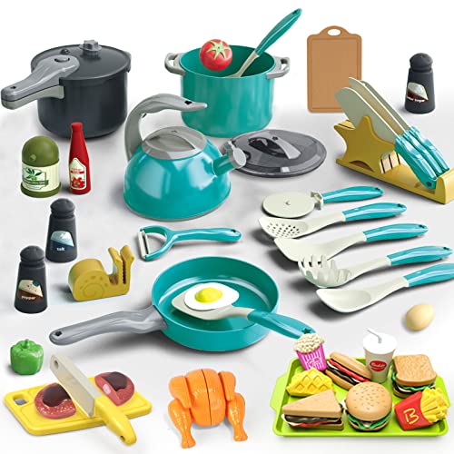 Zero Zoo 66Pcs Kids Kitchen Toy Accessories, Toddler Pretend Cooking Playset , Cookware, Canned Toy Vegetables, Cut Play Food Set, Burgers and Drinks, Utensils, Learning Gift for Girls Boys (Green)