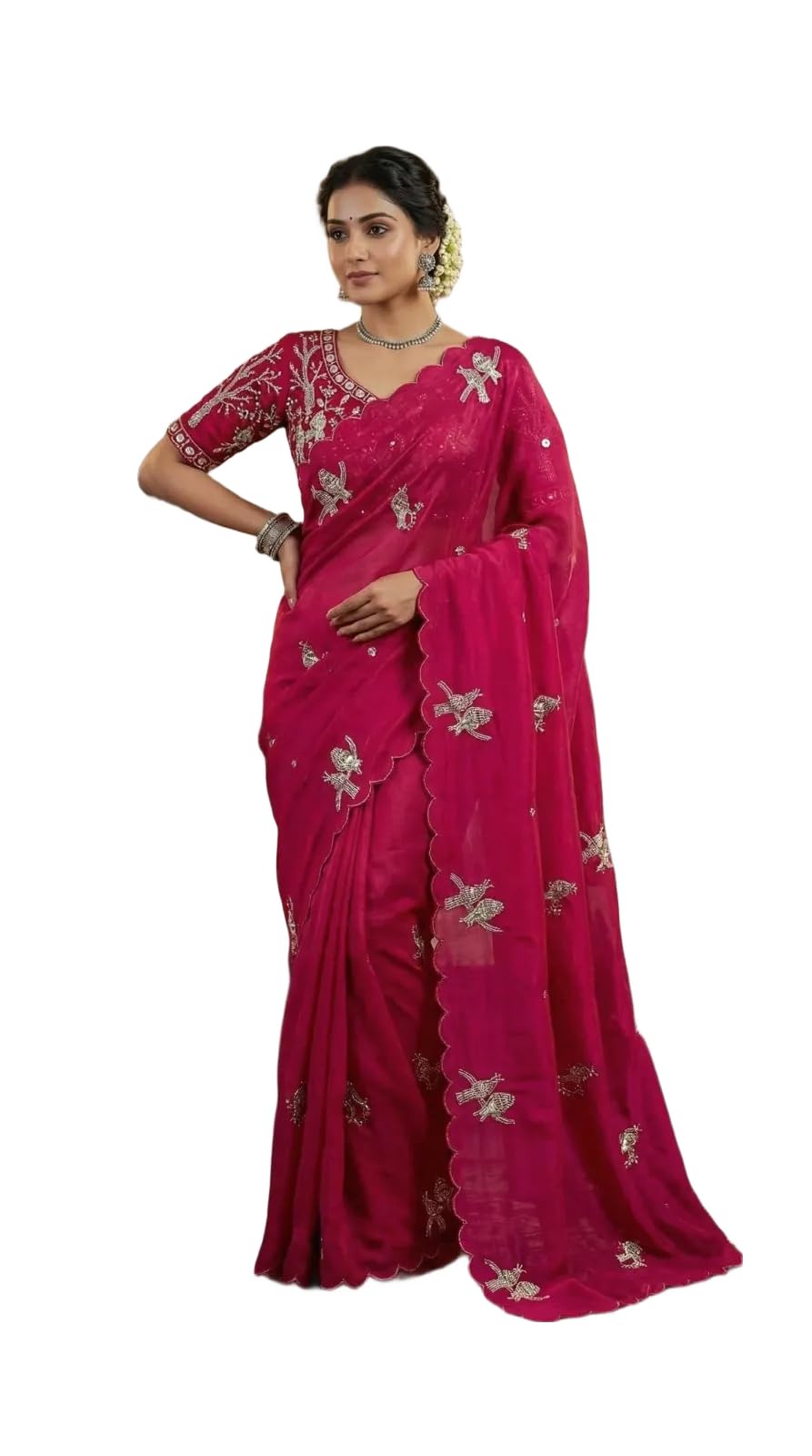 Women Fandy Satin Silk Saree with Blouse Hand Work Cut Work Aarco Border Ethnic Wear for Festive Occasion-image-9