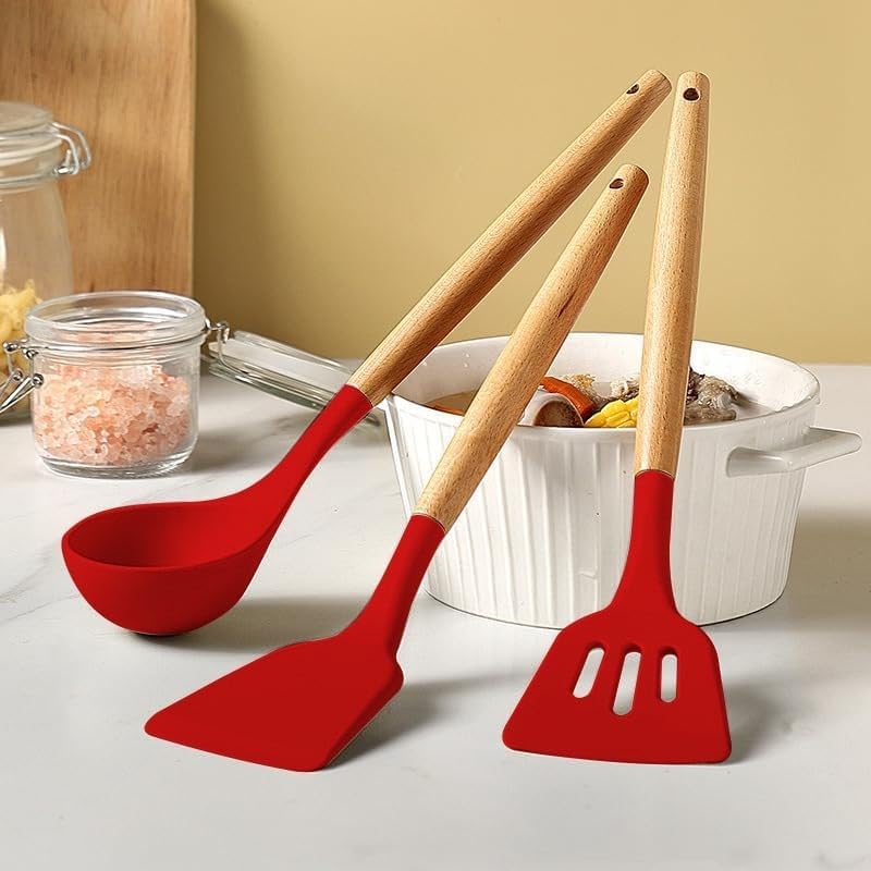 Image of Silicone Spatula Set of 3 - Wooden Handle Kitchen Tools (Red, White,Black,Blue, Green) - Heat Resistant, Non-Stick, Cooking & Mixing Spatulas for Non-Stick Pans (RED)