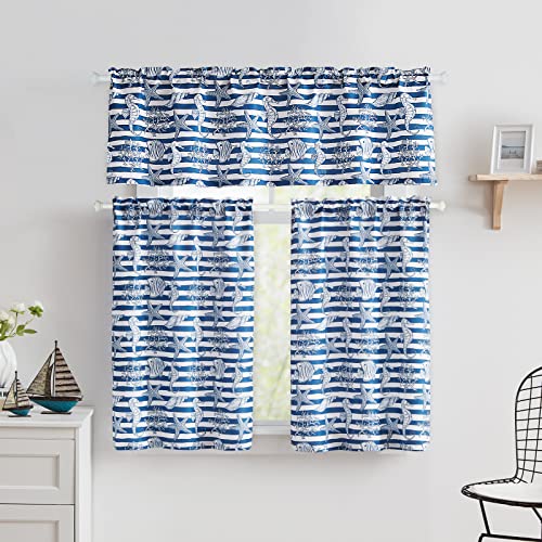Oremila Kitchen Valances For Small Windows 54" X 15" Nautical Ocean Animal Window Valances For Kitchen Living Room Bathroom, Rod Pocket, Navy #TOP5