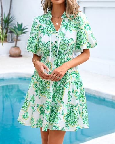 Image of BTFBM Women Summer Floral Short Dresses V Neck Short Sleeve Tiered Ruffle Boho Swing Dress A-Line Mini Dresses