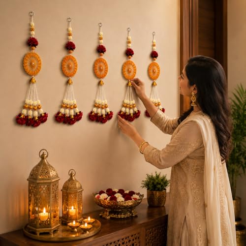 Image of Rajasthan Kraft Pack of 2, Beads Wall Hanging for Home Decor | 23*5 Inch Handmade Door Hanging with Beads & Floral Tassels, Decorative Hanging Ornament for Living Room, Diwali, Wedding & Pooja Decor
