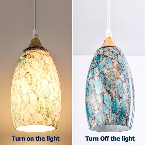 Image of GO&SO Blue Glass Lamp Shade Set of 2,7.8 inch H x 4 inch D,Oval Pendant Light Shade | 1.57 inch Fitter E26 Base,Hand-Blown Art Fixtures,Chandelier Shades for Kitchen Island,Hanging Light Shades