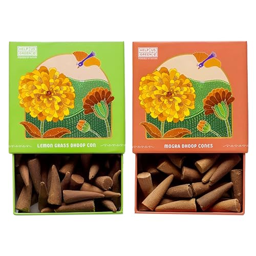 Image of HelpUsGreen Natural Dhoop Cones Lemongrass and Mogra (80 Cones Pack of 2)|Charcoal Free Organic Incense Cones | Low Smoke Long Lasting Incense for Pooja Meditation Home Fragrance |Free Ceramic Holder