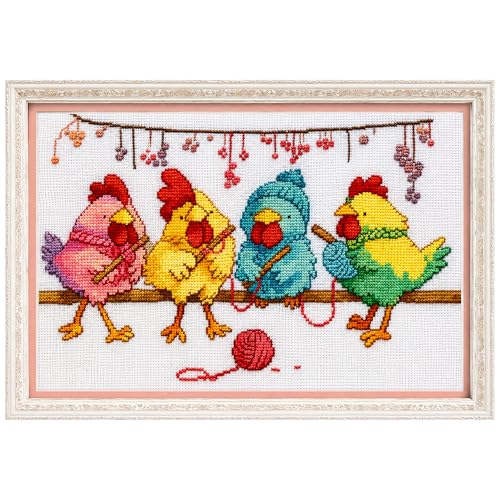 Image of Zhenqing Charming Knitting Chickens Cross Stitch Kit for Beginners - 11CT Printed 12x20inch Aida Cloth, Threads & Needle Included (No Hoop /Scissors)(67427)