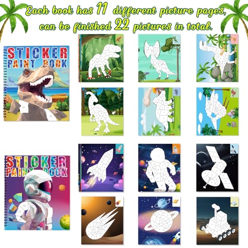 Image of 90shine 2PCS Sticker Books for Kids Boys Ages 4-8 Dinosaur Space Designs Party Gift Create 22 Pictures