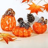 H&D HYALINE & DORA Set of 3 Blown Glass Pumpkin Figurines Crystal Glass Pumpkin Collectible Figurines for Fall Harvest Thanksgiving Halloween Decor（Orange）