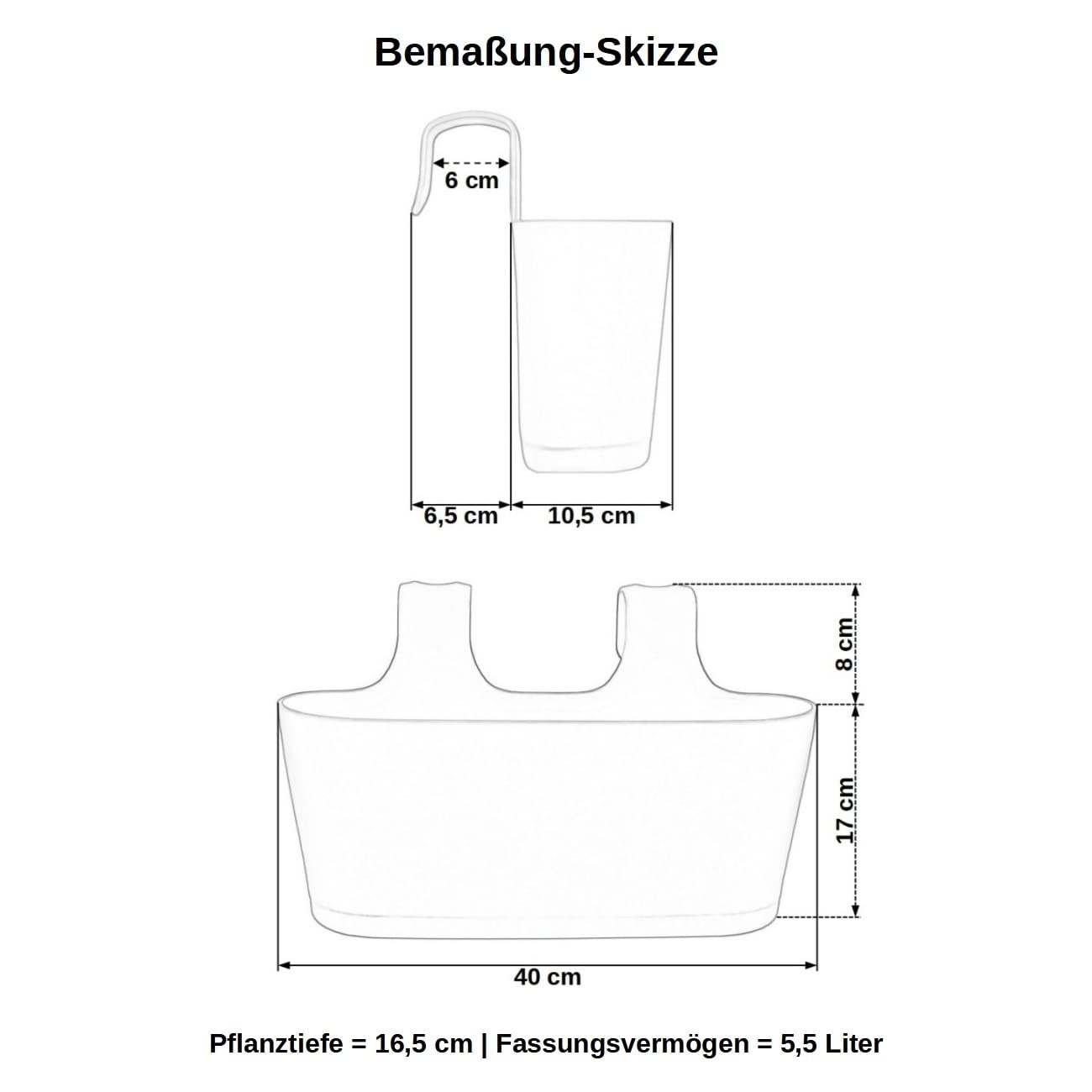 2 x Blumenkasten zum Auf-Hängen, Farbe: Anthrazit-Grau, Blumentopf, oval, Balkon, Übertopf, Pflanzkasten, mit Wasserspeicher/Wasserauffangschale