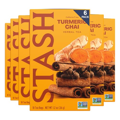 Image of Stash Tea Turmeric Chai Herbal Tea - Naturally Caffeine Free, Non-GMO Project Verified Premium Tea with No Artificial Ingredients, 18 Count (Pack of 6) - 108 Bags Total