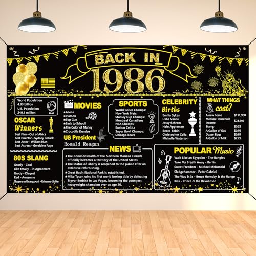 Image of DARUNAXY 40th Birthday Black Gold Party Decoration, Back in 1986 Banner 40 Year Old Birthday Party Poster Supplies Vintage 1986 Backdrop Photography Background for Men & Women 40th Class Reunion Decor