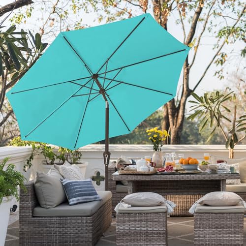 Image of JEAREY 9FT Outdoor Patio Umbrella Outdoor Table Umbrella with Push Button Tilt and Crank, Market Umbrella 8 Sturdy Ribs UV Protection Waterproof for Garden, Deck, Backyard, Pool (Peacock Blue)