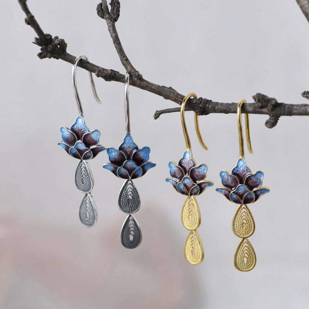 WOZUIMEI Orecchini in Stile Cinese Eardrop S925 Farfalla Blu Bruciata in Argento Orecchini in Argento con Agata Rossa Del Sud Orecchini in Argento con Nappa Lunga Stile Etnico FemminileOrecchini blu