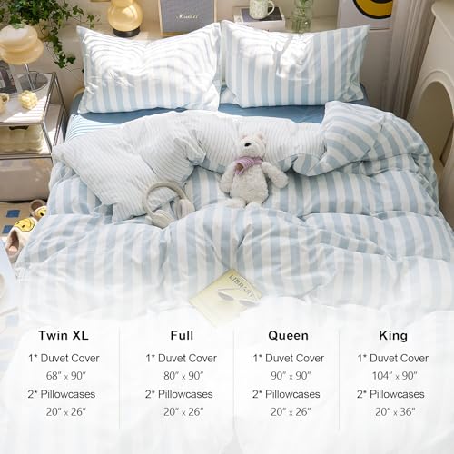 Image of EAVD Retro Blue Striped Duvet Cover Twin Soft Washed Microfiber Reversible Vertical Striped Percale Bedding Set with 2 Pillowcases Farmhouse Geometric Pattern Duvet Cover with Zipper Closure