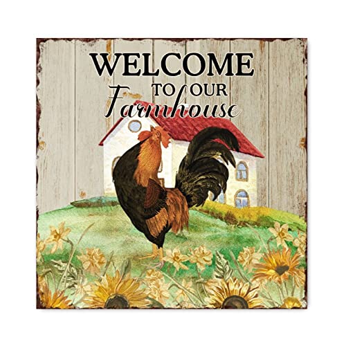 Décoration murale ferme : panneau en bois Welcome to Our Farmhouse coq et tournesol 40 cm