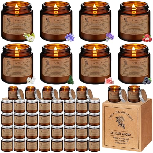 MTLEE 48 Pcs Scented Candles Bulk, Thank You Candles Gift Candles Set for Women Aromatherapy Candle Soy Wax Candles Jar Home Long Lasting for Wedding Employees July Christmas Gifts(Amber)