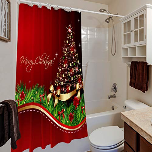Broshan Christmas Tree Shower Curtain Set, Xmas Tree With Ornaments Print Bath Curtain For New Year, Red Christmas Bathroom Set With Shower Curtain Waterproof Machine Washable 72 X 72 Inch #TOP3