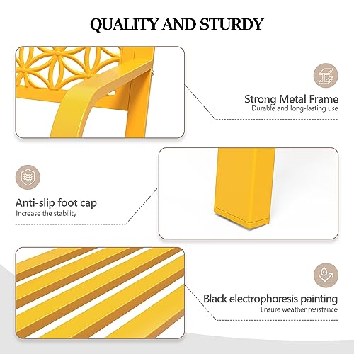 Image of VINGLI 50 inch Outdoor Bench Metal with Floral Back, Garden Bench Front Porch Bench for Yard Patio Entryway Park Outside, 800lb Capacity - Yellow