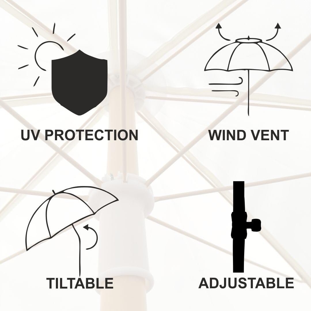 7 star DECOR Beach Umbrella with Fringe, Multi Color Striped, 6 ft Canopy, UV Protection, Wind Vent, Tiltable, Adjustable Stand (White) 3