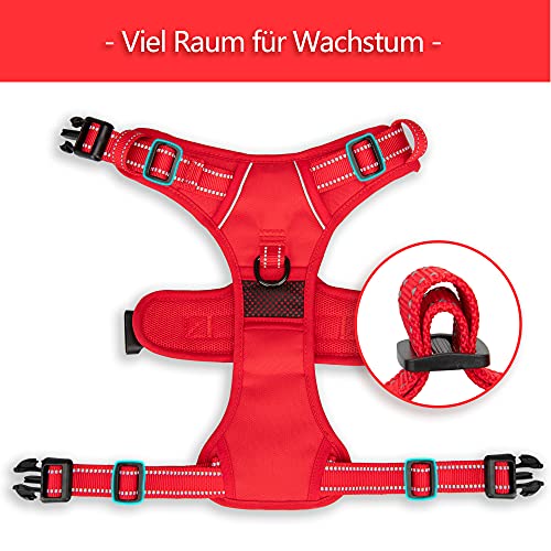 PoyPet Hundegeschirr ohne Zug, reflektierendes Hundegeschirr für Hunde ohne Würgen, verstellbare, weich gepolsterte Haustierweste mit einfachem Steuergriff für kleine Hunde (Rot Passender Trimmen, S)