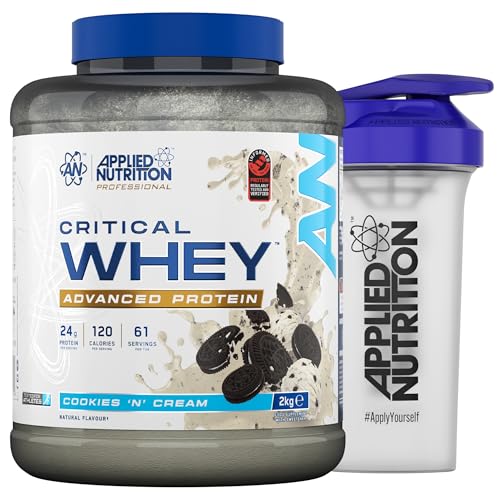 Applied Nutrition Critical Whey Protein Powder 2kg + Plastic Shaker - High Protein Powder, Muscle Building Supplement with BCAAs & Glutamine (2kg - 61 Servings) (Cookies ‘N’ Cream)