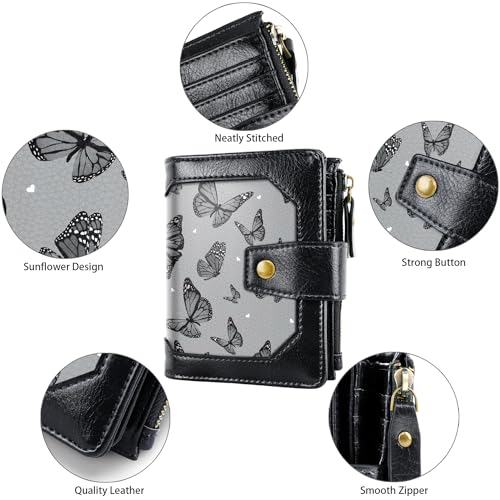 Image of Women Leather Wallet RFID Blocking Small Bifold Zipper Pocket Wallet Card Case Purse with ID Window, Black Butterfly