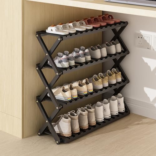 SKW 竹製 折りたたみ シューズラック 組み立て不要、玄関 コンパクト 多機能 収納 (ブラック, 幅70cm (4層))