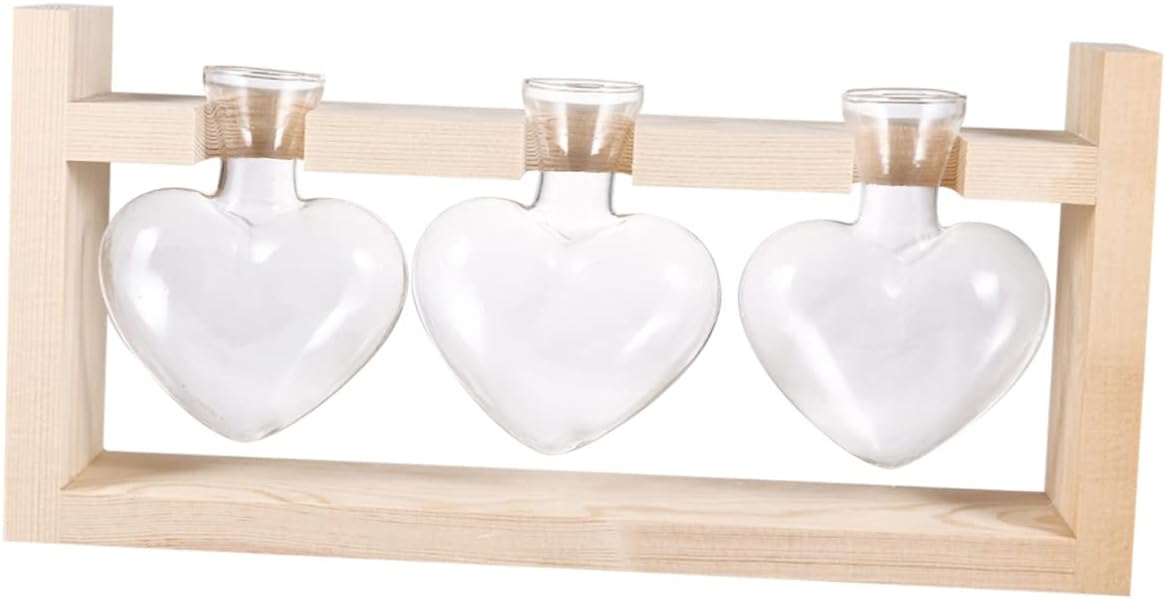Heart Shape Glass Vase with Wooden Rack 7.87X5.11X2.36In Hydroponics Planter for Indoor Flower Arrangements Tulips Roses Home Decor
